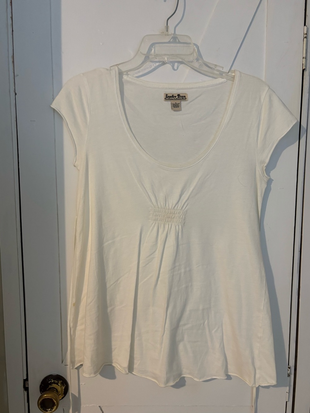 Title: Lucky Tees Women’s Small White Gathered Scoop Neck Cotton Top Y2K